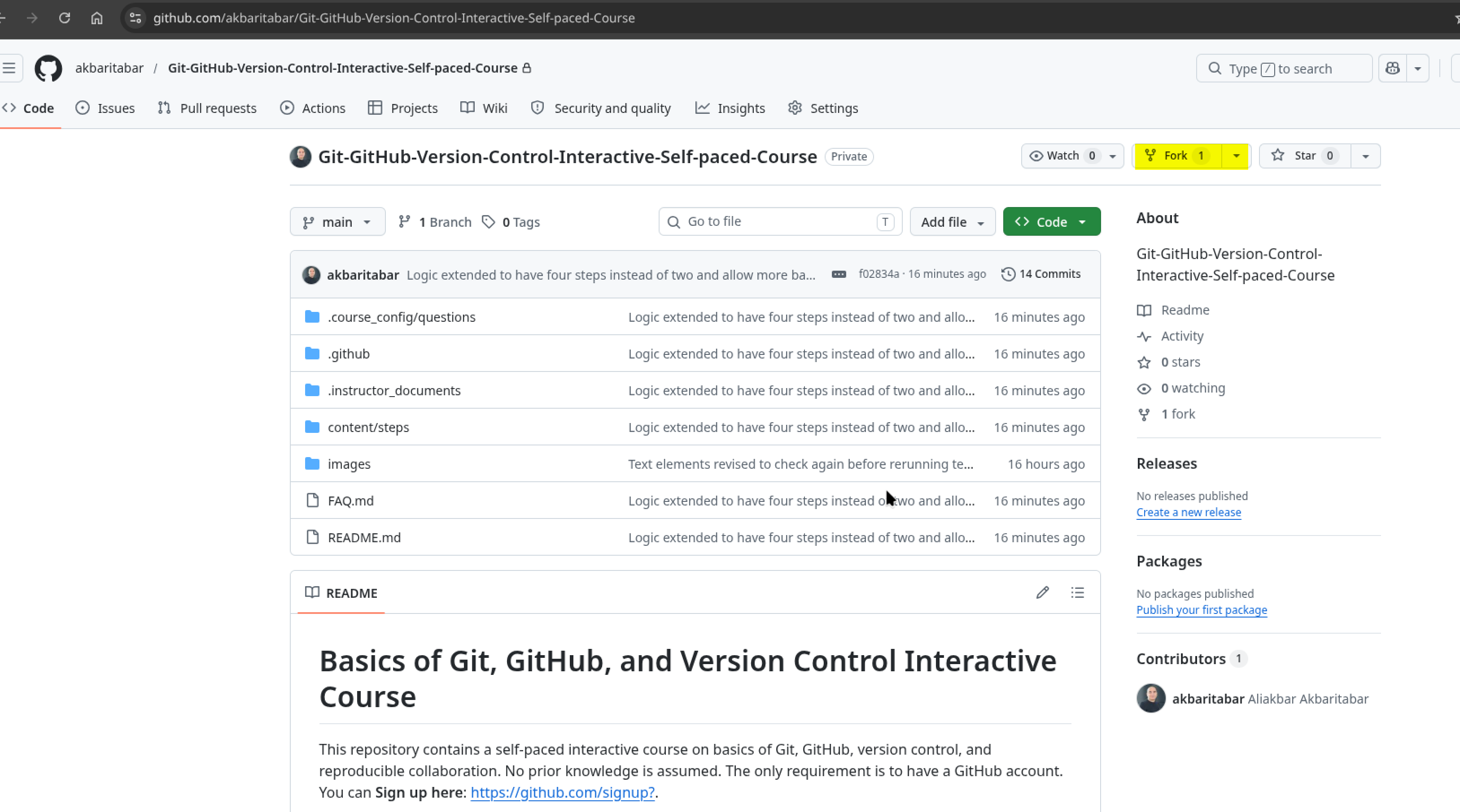 Screenshot: Fork button location on a GitHub repository page