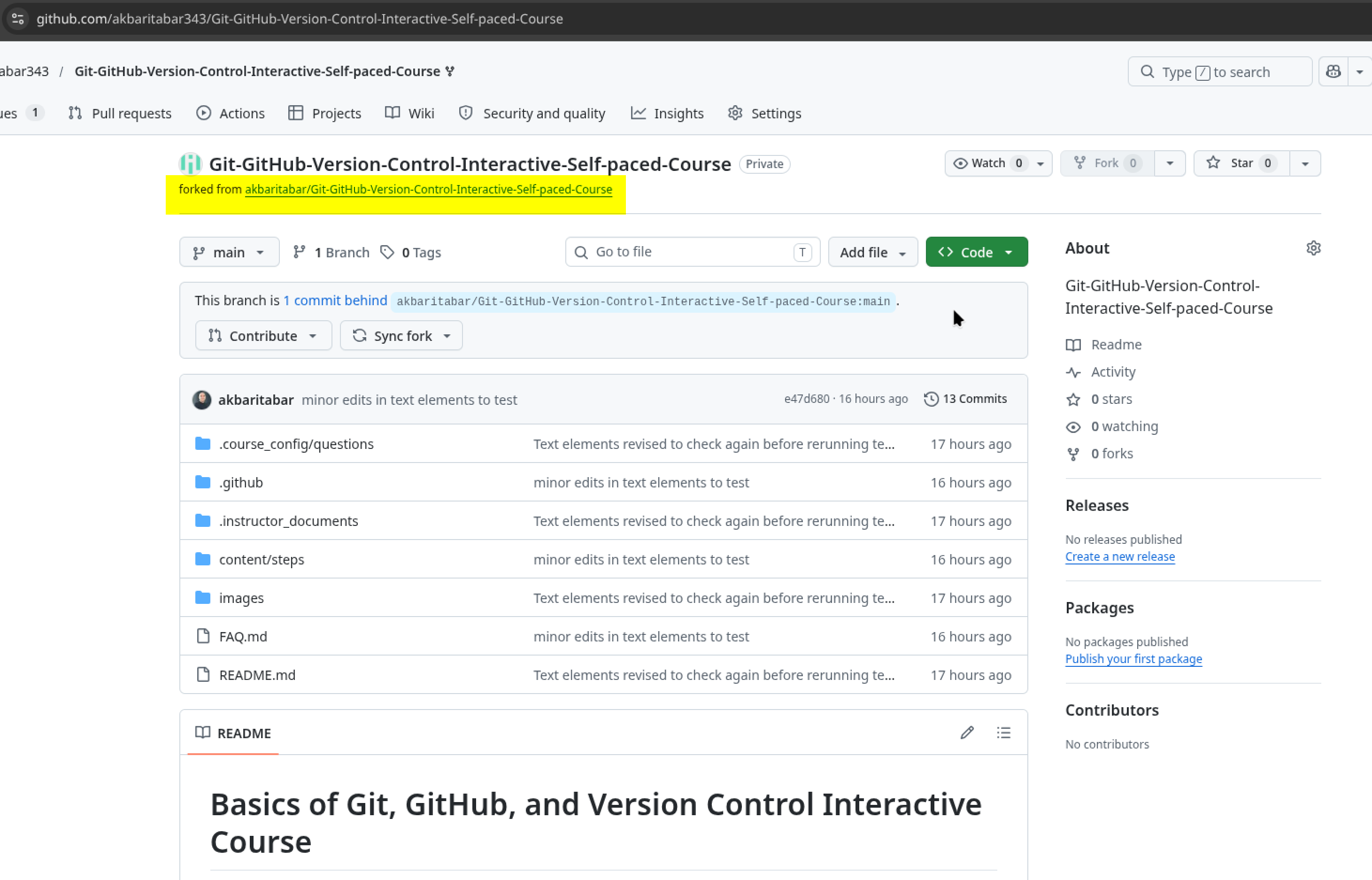 Screenshot: 'forked from ...' navigation link shown just below the fork's repository name